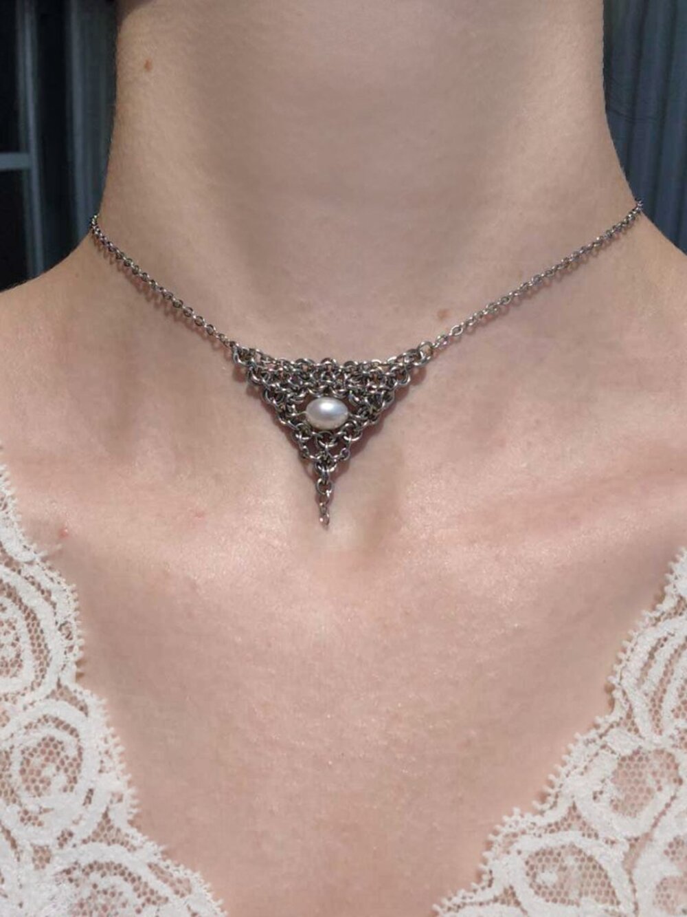 Medieval style white pearl and silver V shaped necklace